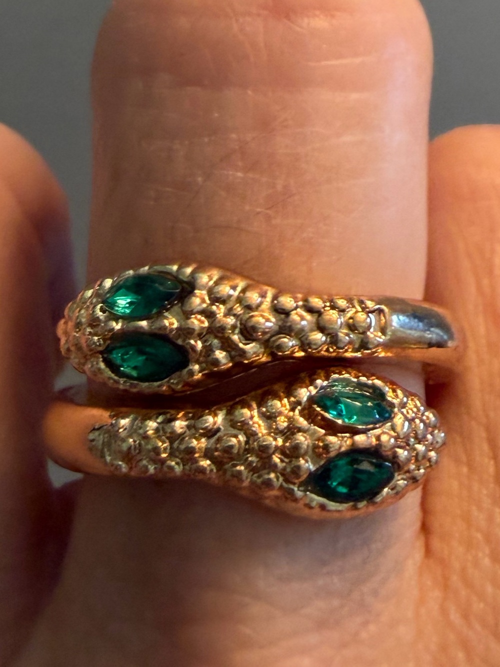 Gold-Tone Double Snake Ring with Emerald Green Stones
